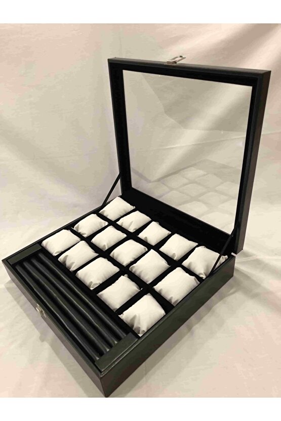 Yatak Odası Düzenleyici Dışı Siyah Içi Kadife 15 Farklı Gözlü Kolye Bileklik Takı Saat Kutusu