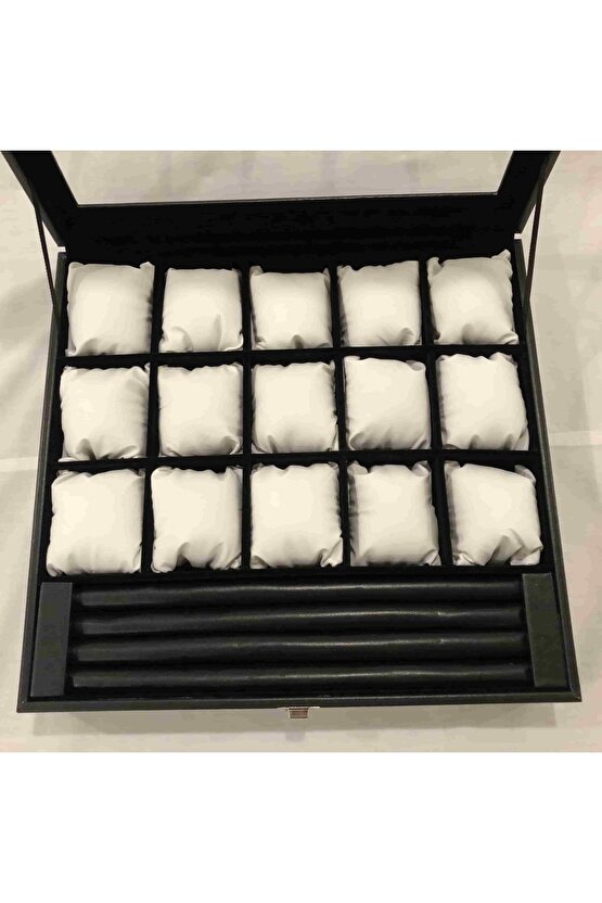 Yatak Odası Düzenleyici Dışı Siyah Içi Kadife 15 Farklı Gözlü Kolye Bileklik Takı Saat Kutusu