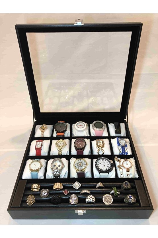 Yatak Odası Düzenleyici Dışı Siyah Içi Kadife 15 Farklı Gözlü Kolye Bileklik Takı Saat Kutusu