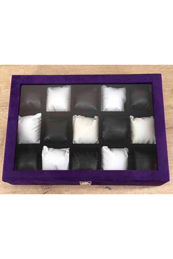 Yeni Konsept Çok Amaçlı Cam Kapaklı Ahşap Italyan Mor Kadife Kaplama 15 Bölmeli Saat Ve Takı Kutusu