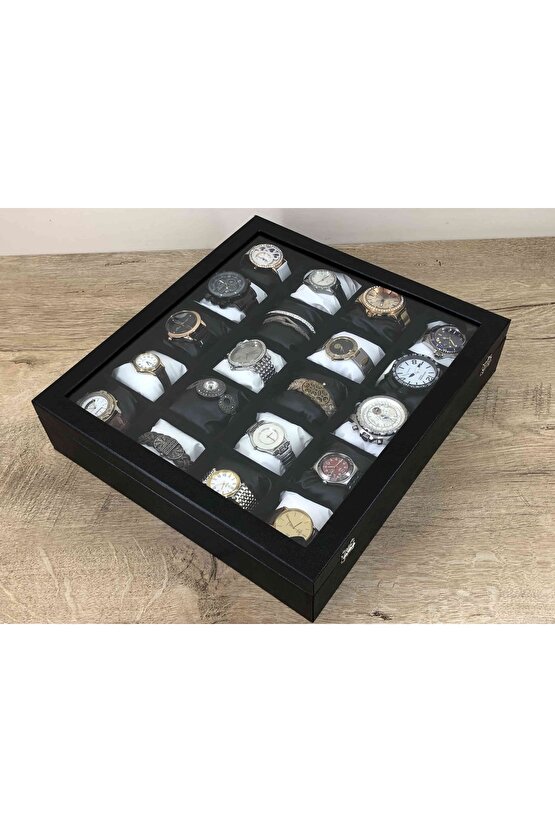 Ahşap Üzeri Deri Kaplama İçi Kadife 20 Gözlü Siyah Beyaz Yastıklı Saat Kutusu