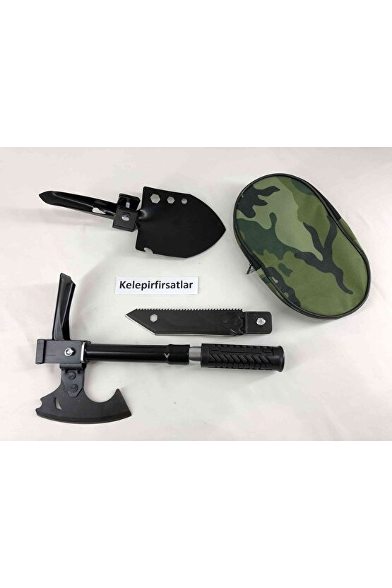 Türk Malı Özel Yeşil Çantasında Sökülebilen Kaliteli Hafif Çelik Pratik Balta Çapa Testere Kürek Set