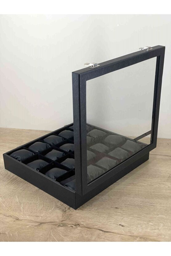 20li Üstü Camlı Deri Kaplı Büyük Boy Siyah Yastıklı Türk Malı Kol Saati Kutusu