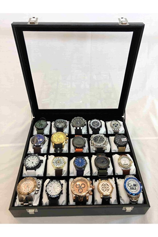 20 Bölme Görsel Cam Kapak Ahşap Iskelet Siyah Deri Kaplı Şık 20li Özel Kadın Saat Kutusu