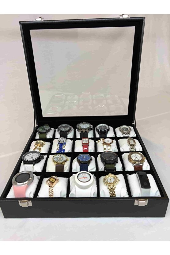 20li Ahşap, Üzeri Cam Saat Kutusu Siyah Deri Beyaz Yastıklı Kol Saatleri Için Kutu