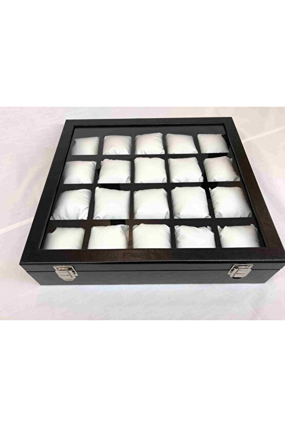 20li Ahşap, Üzeri Cam Saat Kutusu Siyah Deri Beyaz Yastıklı Kol Saatleri Için Kutu