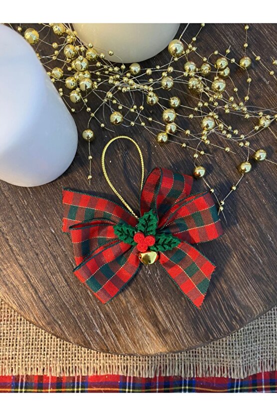 10lu Ekose Desenli Çan Ve Kokina Detaylı Fiyonk Yılbaşı Çam Ağacı Süsü Yeni Yıl Christmas