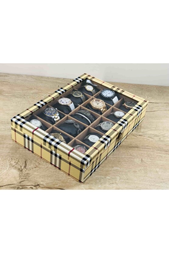 15 Adet Büyük Boy Kol Saati Kapasiteli Saat Kutusu Burberry Ekose Desenli Siyah Yastıklı