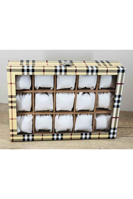 El Yapımı Sarı Ekose 15 Kol Saati Kapasiteli Büyük Boy Takı Kolye Halhal Saat Kutusu