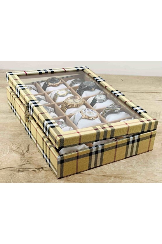 El Yapımı Sarı Ekose 15 Kol Saati Kapasiteli Büyük Boy Takı Kolye Halhal Saat Kutusu