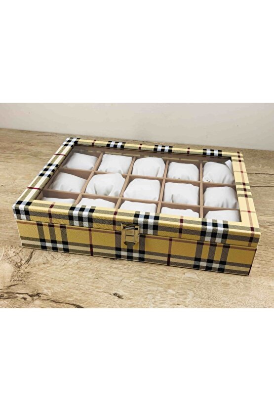 El Yapımı Sarı Ekose 15 Kol Saati Kapasiteli Büyük Boy Takı Kolye Halhal Saat Kutusu