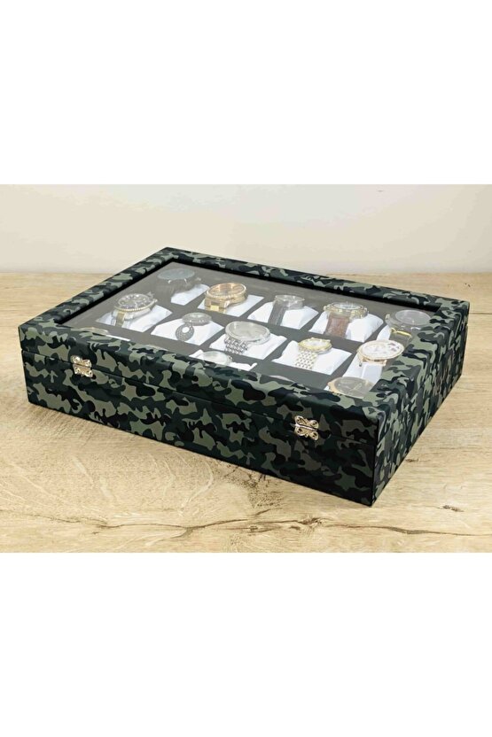 Büyük Boy Saatler Için Beyaz Yastıklı Gri Kamuflaj 15li Saat Kutusu