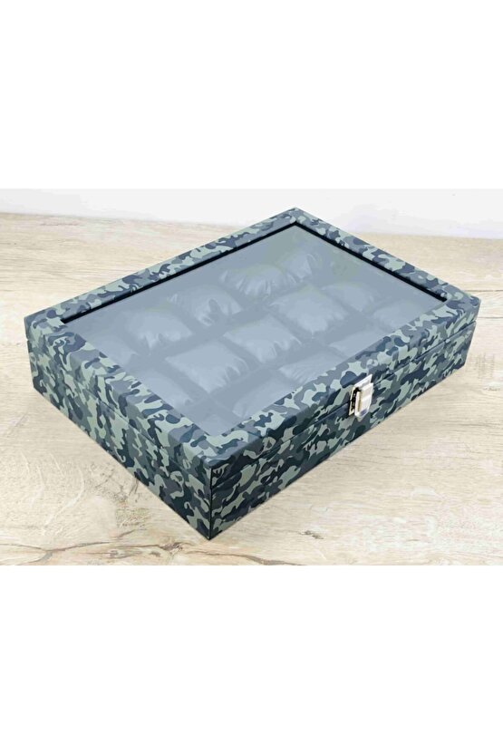 Erkekler İçin Özel Kamuflaj Renk Cam Kapaklı Siyah Yastıklı Kol Saat Kutusu