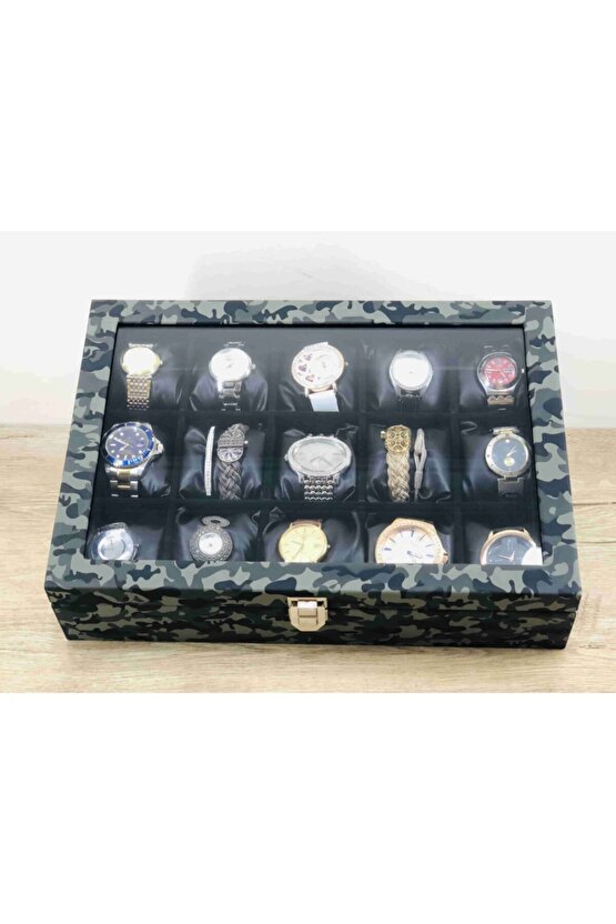 Erkekler İçin Özel Kamuflaj Renk Cam Kapaklı Siyah Yastıklı Kol Saat Kutusu