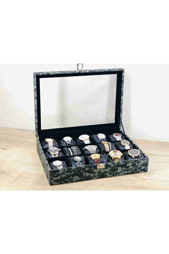 Erkekler İçin Özel Kamuflaj Renk Cam Kapaklı Siyah Yastıklı Kol Saat Kutusu