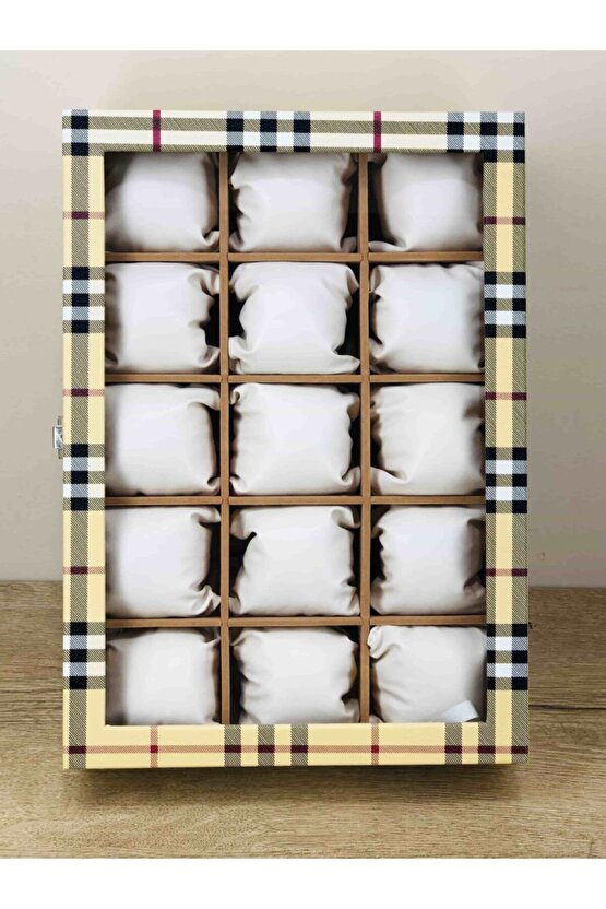 Ekoseli Sarı Yerli El İşi Üretim Büyük Boy Kol Saatleri İçin Takı Kolye Saat Kutusu