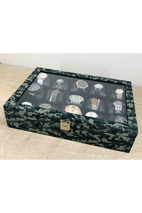 Düzenli Şık Erkekler Için Büyük Boy Saatler Için Siyah Yastıklı Gri Kamuflaj 15li Saat Kutusu
