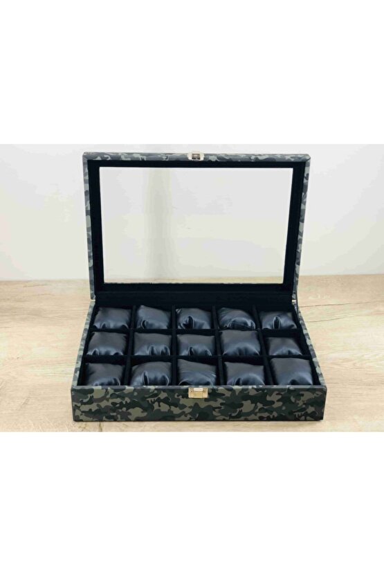 Düzenli Erkeklere 15 Kol Saati Kapasiteli Siyah Yastıklı Büyük Boy Takı Kolye Bileklik Saat Kutusu