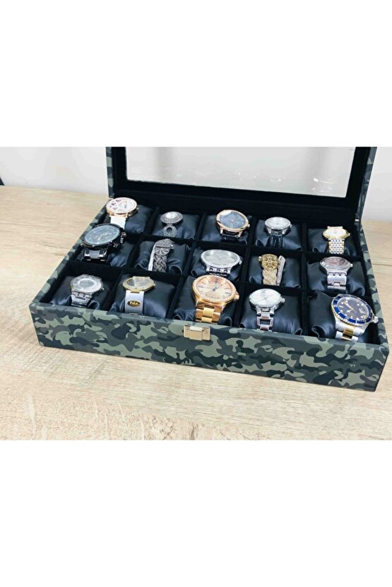 Düzenli Erkeklere 15 Kol Saati Kapasiteli Siyah Yastıklı Büyük Boy Takı Kolye Bileklik Saat Kutusu
