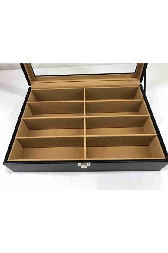 El Yapımı Siyah Deri Kaplı 8 Gözlük Alan Güneş Gözlüğü Saklama Kutusu