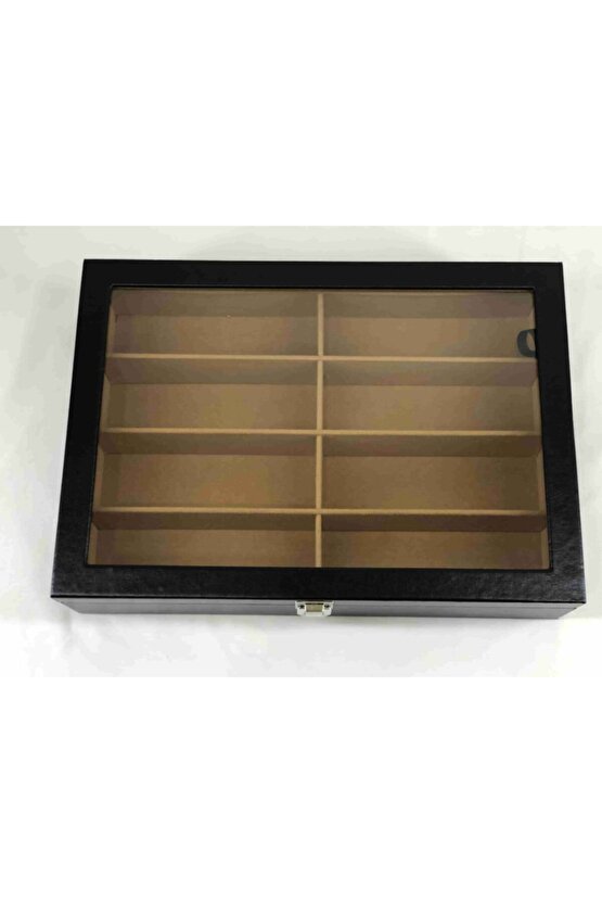 El Yapımı Siyah Deri Kaplı 8 Gözlük Alan Güneş Gözlüğü Saklama Kutusu