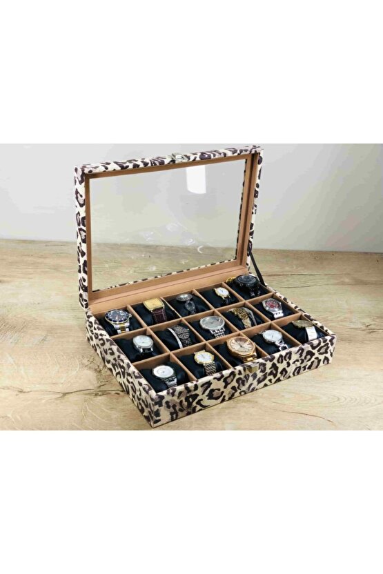 Kadınlara Özel Muhteşem Şık Görünümlü Leopar Desenli Dış Kaplama Siyah Yastık Saat Kutusu