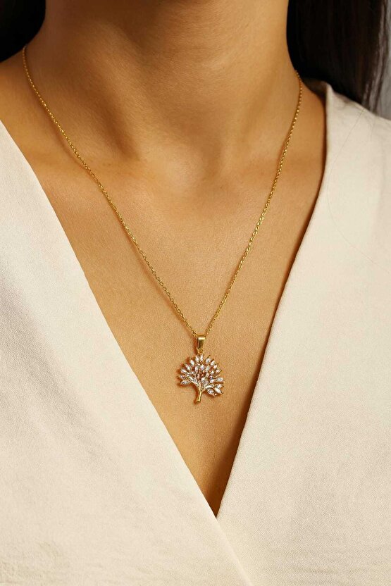 Vip Çelik Gold Renk Zirkon Taşlı Hayat Ağacı Kolye