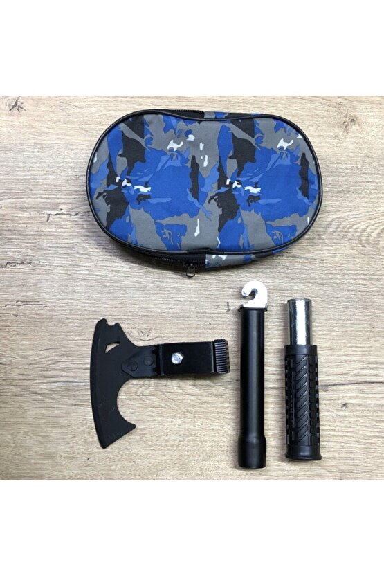 Askeri Model Paslanmaz Sertleştirilmiş Çelik Sökülebilir Kollu Mini Çekiçli Balta + Mavi Kamo Çanta