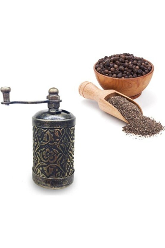 Eskitme Antik Pirinç Renkli Osmanlı Motifli Otantik  El Yapımı Pirinç Karabiber Öğütücü