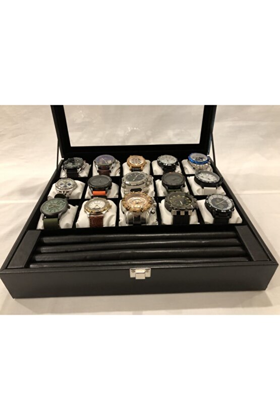 15 Bölmeli Deri Görünümlü Unisex Camlı Görsel Kol Saati Bileklik Kolye Yüzük Taki Alyans Kutusu