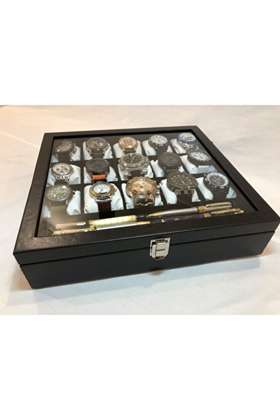 15 Bölmeli Deri Görünümlü Unisex Camlı Görsel Kol Saati Bileklik Kolye Yüzük Taki Alyans Kutusu