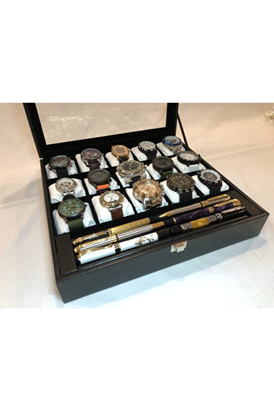 15 Bölmeli Deri Görünümlü Unisex Camlı Görsel Kol Saati Bileklik Kolye Yüzük Taki Alyans Kutusu