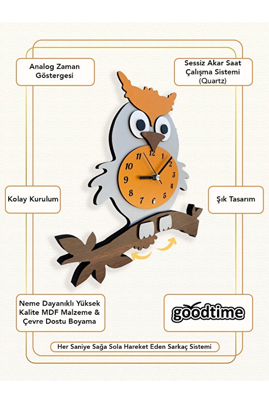 Turuncu Baykuş Sallanır Sarkaçlı Dekoratif Duvar Saati