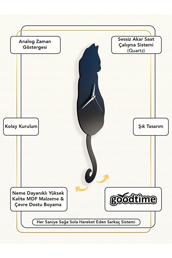 Siyah Kedi Dekoratif Sallanır Sarkaçlı Duvar Saati