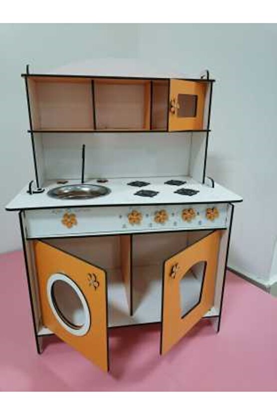 Montessori Eğitici Ahşap Oyuncak Mutfak Dolabı 6mm Turuncu 80x60