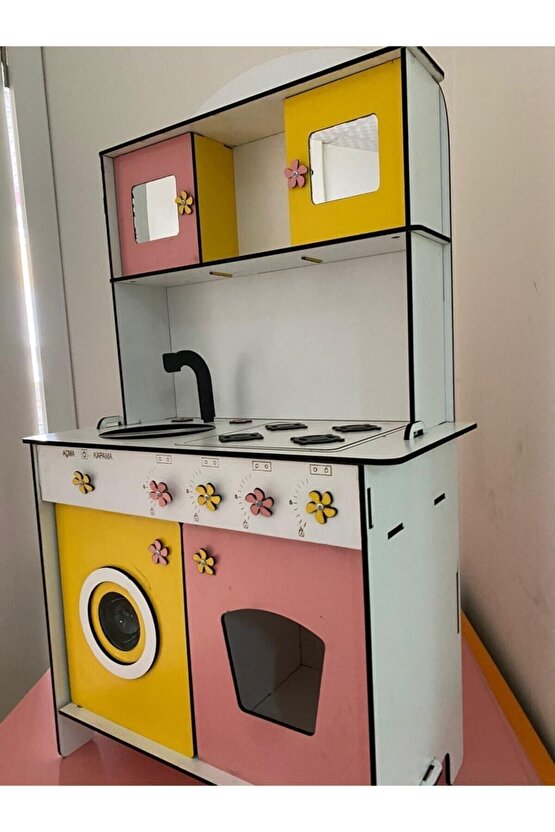 Büyük Boy Ahşap Oyuncak Mutfak Seti,eğitici Montessori Mutfak Oyuncak Seti Çamaşır Makinalı-sarı