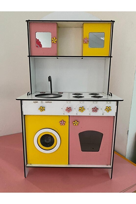 Büyük Boy Ahşap Oyuncak Mutfak Seti,eğitici Montessori Mutfak Oyuncak Seti Çamaşır Makinalı-sarı