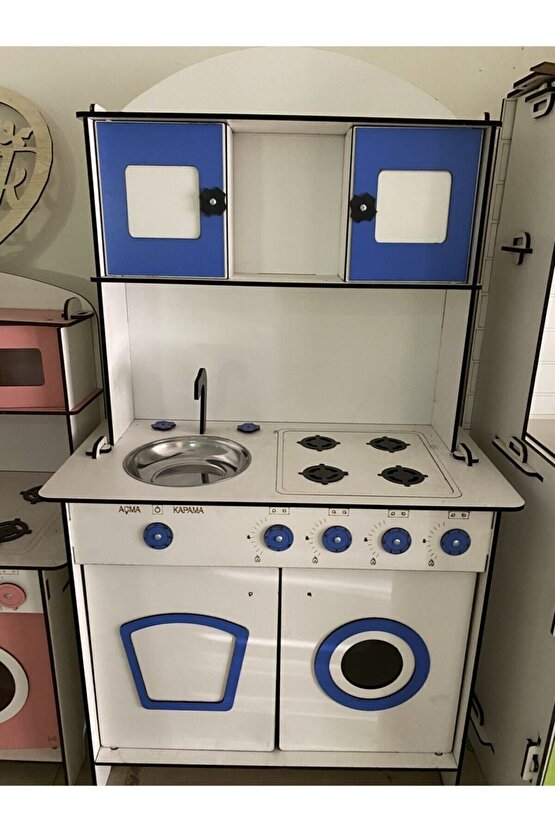 Oyuncak Mutfak, Büyük Boy Ahşap Oyuncak Mutfak, Erkek Çocuk Oyuncak Mutfak Seti, Mavi