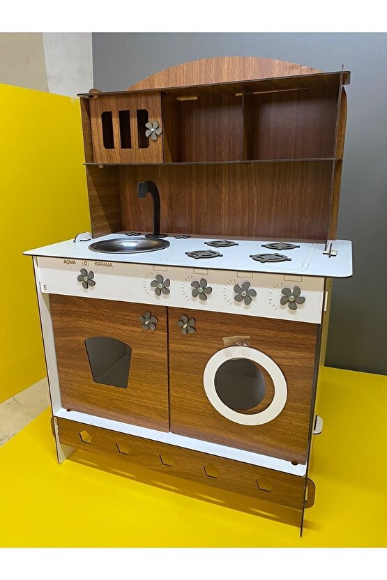 Montessori Eğitici Ahşap Çocuk Oyuncak Mutfak Dolabı Ceviz 3 Mm 84x60 Cm