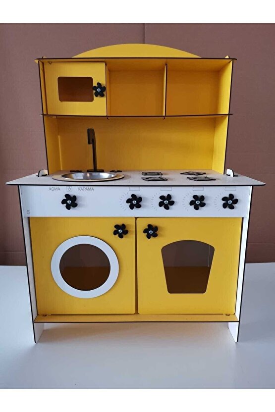Montessori Eğitici Ahşap Çocuk Oyuncak Mutfak Dolabı Sarı 3 Mm 84x60 Cm