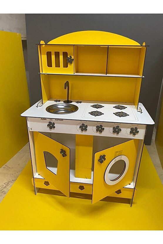 Montessori Eğitici Ahşap Çocuk Oyuncak Mutfak Dolabı Sarı 3 Mm 84x60 Cm