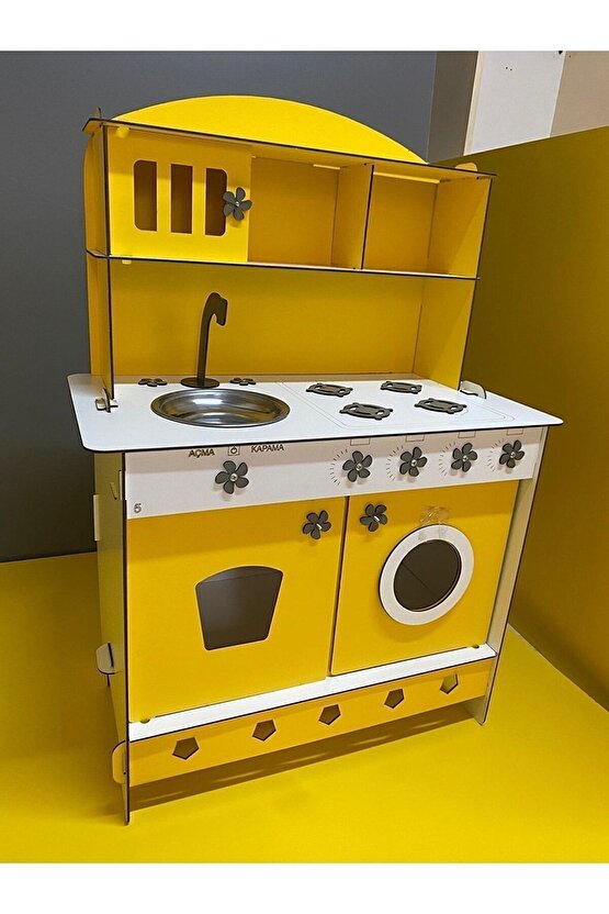 Montessori Eğitici Ahşap Çocuk Oyuncak Mutfak Dolabı Sarı 3 Mm 84x60 Cm