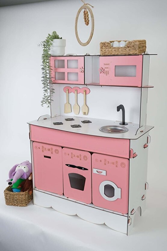 3 Kapaklı Boyalı Montessori Eğitici Ahşap Oyuncak Mutfak