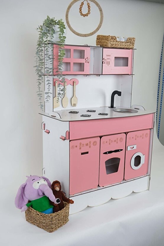 3 Kapaklı Boyalı Montessori Eğitici Ahşap Oyuncak Mutfak