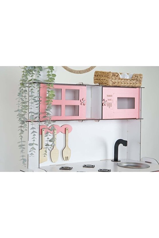 3 Kapaklı Boyalı Montessori Eğitici Ahşap Oyuncak Mutfak