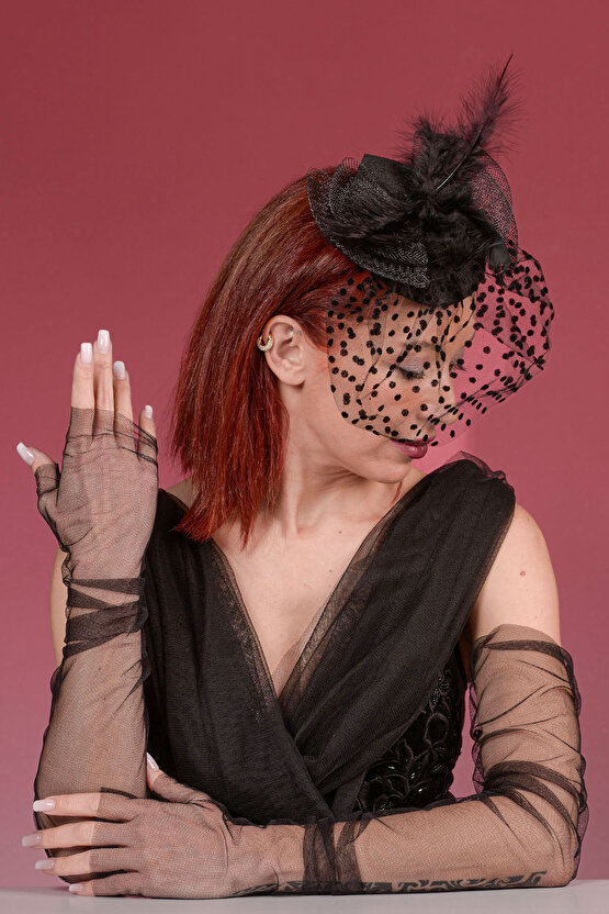 Siyah Puantiyeli Gelin Kepi Nikah Şapkası Ve Uzun Tül Kesik Parmak Gelin Eldiveni  Kombin Set