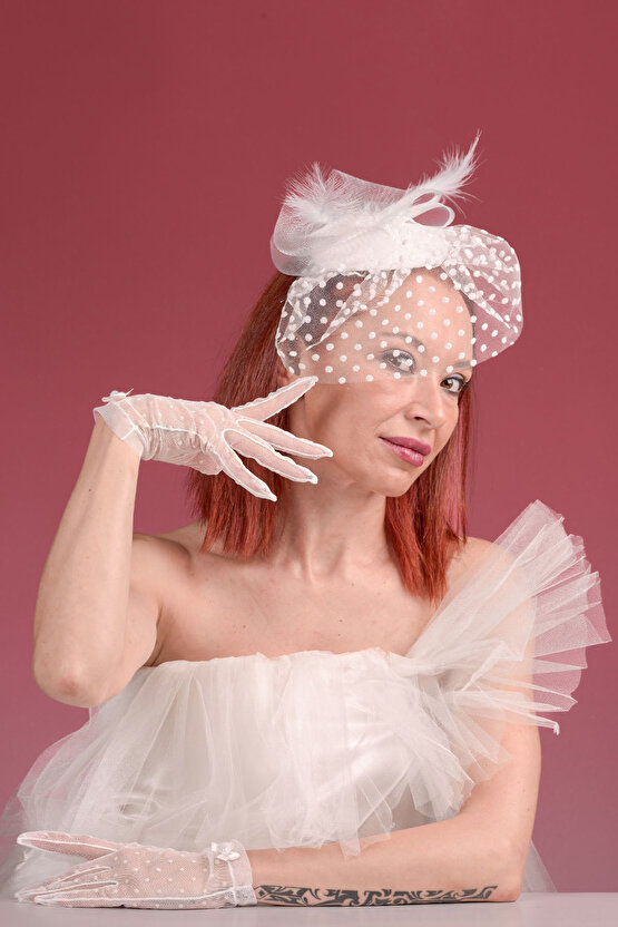 Kırık Beyaz Puantiyeli Gelin Kepi Nikah Şapkası Ve Yeni Puanlı Gelin Eldiveni  Kombin Set