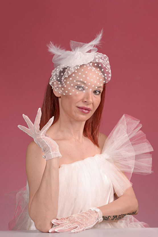 Kırık Beyaz Puantiyeli Gelin Kepi Nikah Şapkası Ve Yeni Puanlı Gelin Eldiveni  Kombin Set