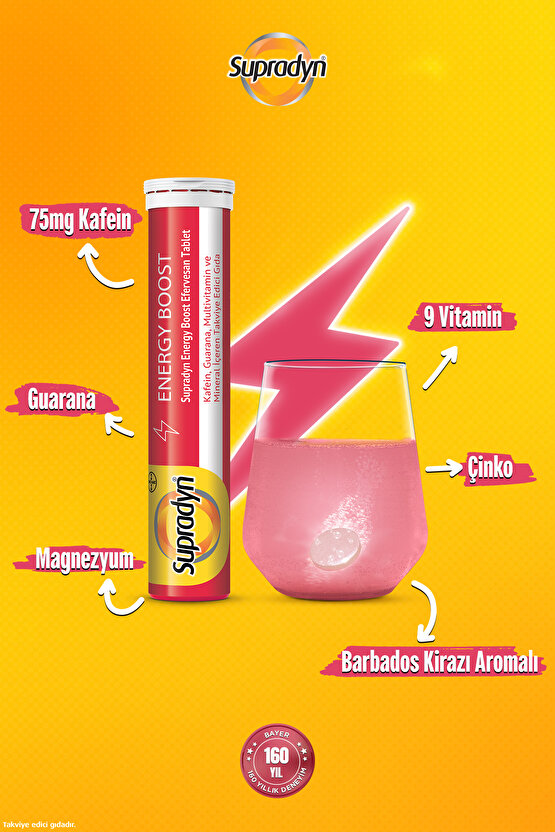 Energy Boost Efervesan Tablet l Kafein, Guarana, Multivitamin ve Mineral