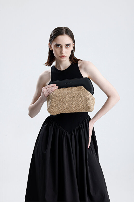 Heybes Kadın Siyah Çerçeveli Balık Sırtı Jüt Clutch El Çantası